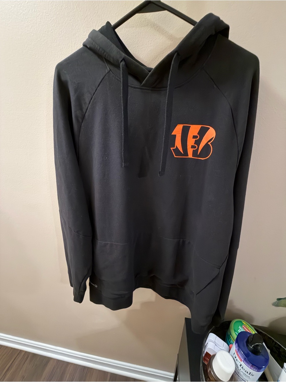 Black Hoodie Sweatshirt with Orange Logo - Pullover Hoodie size L